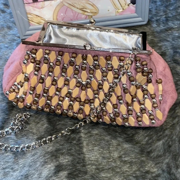 Enzo  Angiolini nude pink beaded bedazzled vintage clutch purse - Picture 1 of 15